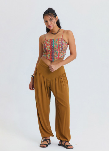 Comfortable Fit Gathered Hem Camel Women's High Waist Trousers 4853