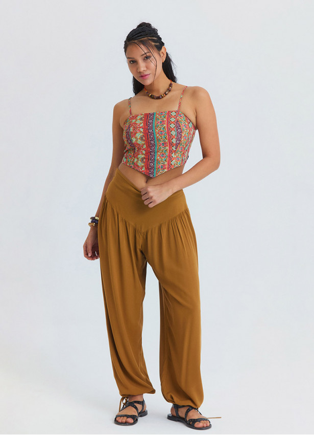 Comfortable Fit Gathered Hem Camel Women's High Waist Trousers 4853