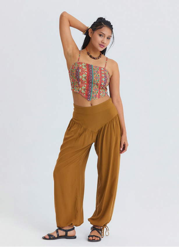 Comfortable Fit Gathered Hem Camel Women's High Waist Trousers 4853