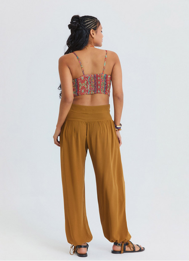 Comfortable Fit Gathered Hem Camel Women's High Waist Trousers 4853