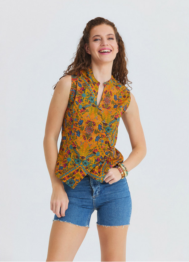 Judge Collar Cross Button Mustard Flower Blouse 4891