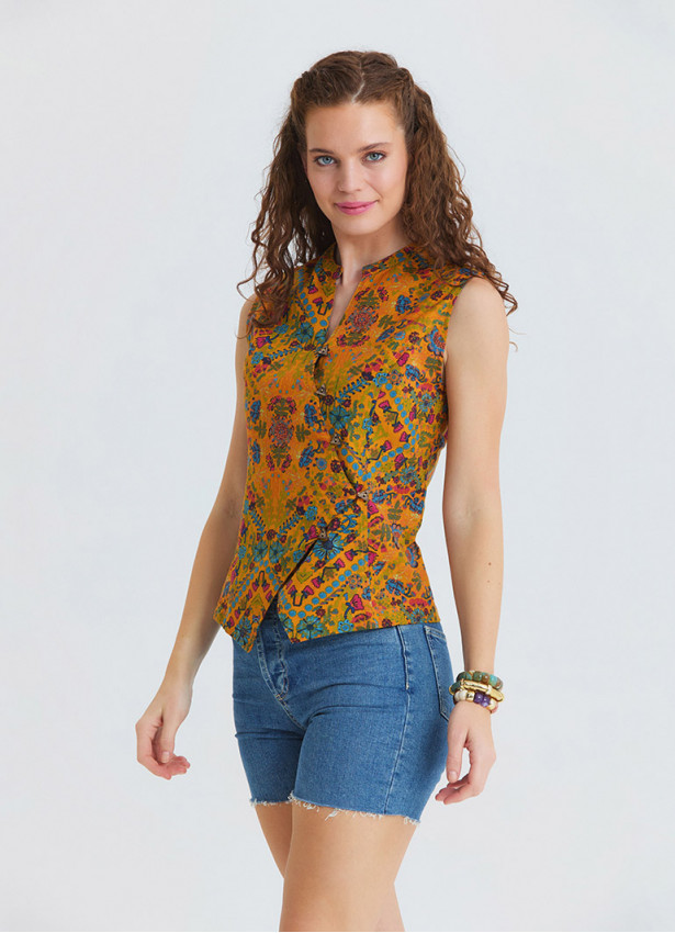 Judge Collar Cross Button Mustard Flower Blouse 4891