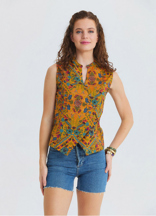 Judge Collar Cross Button Mustard Flower Blouse 4891