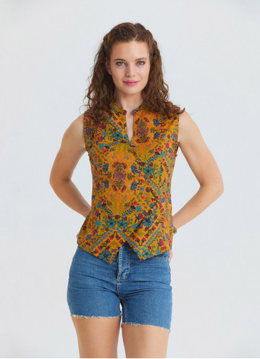 Judge Collar Cross Button Mustard Flower Blouse 4891