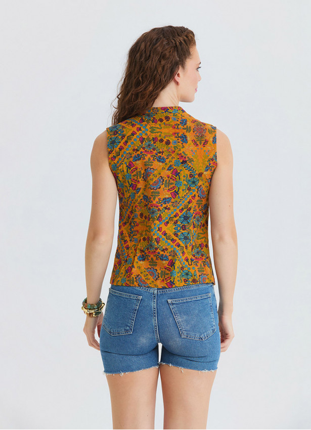 Judge Collar Cross Button Mustard Flower Blouse 4891