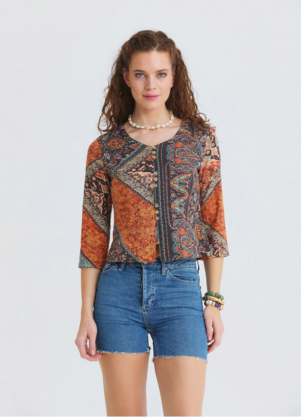 Collar Button Detail Coffee Authentic Blouse 4886