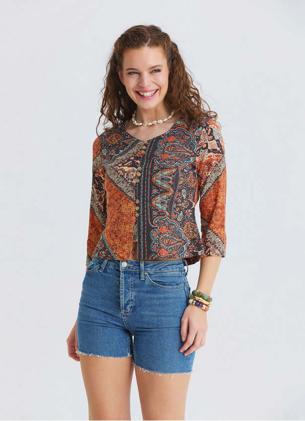 Collar Button Detail Coffee Authentic Blouse 4886