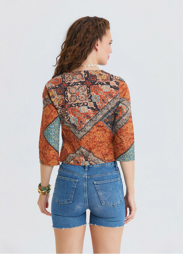 Collar Button Detail Coffee Authentic Blouse 4886