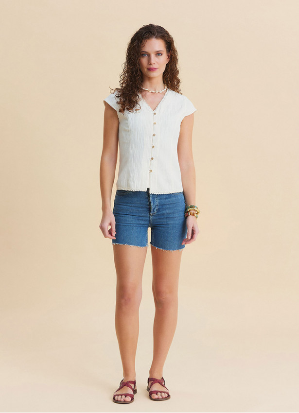 V Neck Buttoned Short-Sleeved Cream Summer Blouse