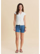 V Neck Buttoned Short-Sleeved Cream Summer Blouse