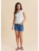 V Neck Buttoned Short-Sleeved Cream Summer Blouse