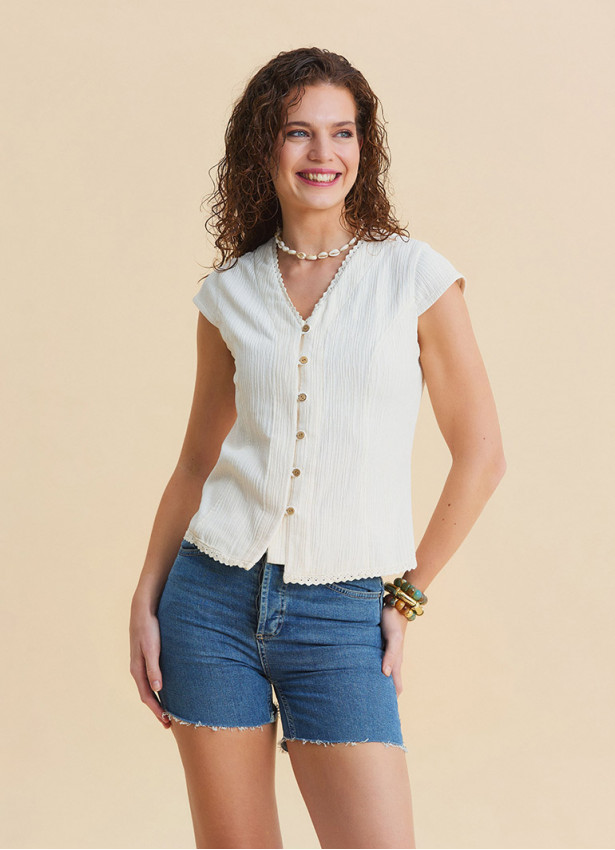 V Neck Buttoned Short-Sleeved Cream Summer Blouse
