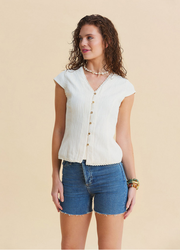 V Neck Buttoned Short-Sleeved Cream Summer Blouse