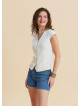 V Neck Buttoned Short-Sleeved Cream Summer Blouse