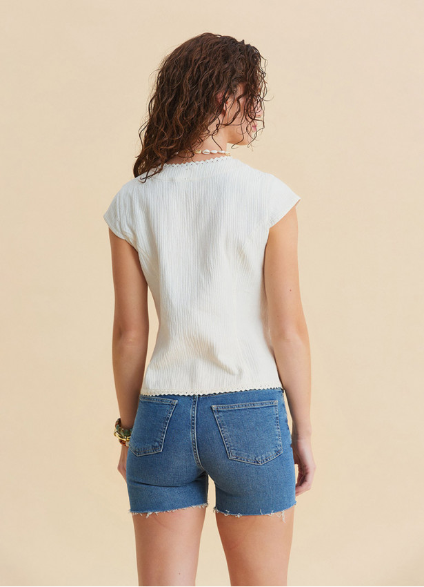 V Neck Buttoned Short-Sleeved Cream Summer Blouse