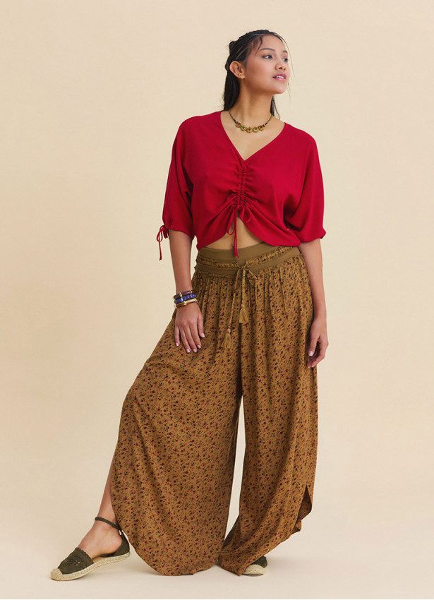 Womens Ethnic Trousers with LaceUp Detail and Side Slit in Mustard 4924