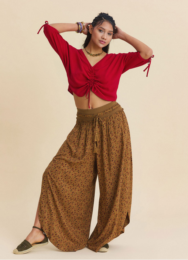 Womens Ethnic Trousers with LaceUp Detail and Side Slit in Mustard 4924