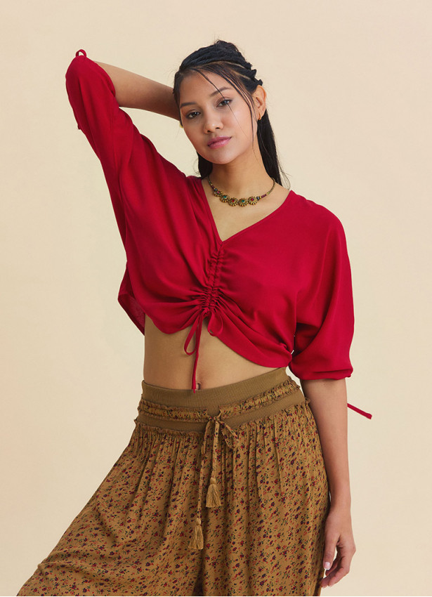 Red Summer Blouse with Boat Neck  Short Sleeves, and Gathered Hem 4971