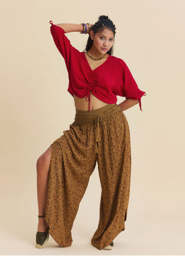 Womens Ethnic Trousers with LaceUp Detail and Side Slit in Mustard 4924