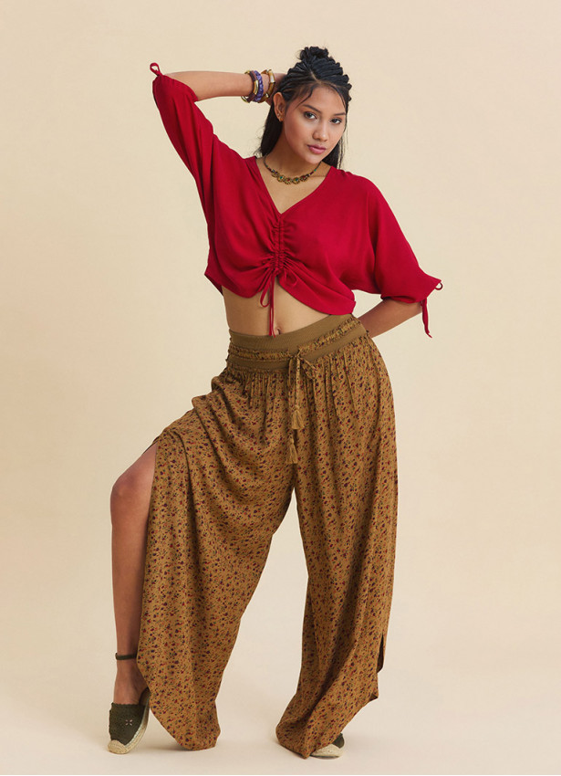 Womens Ethnic Trousers with LaceUp Detail and Side Slit in Mustard 4924