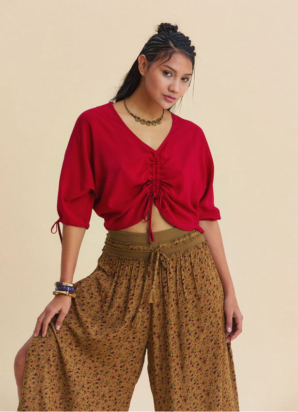 Red Summer Blouse with Boat Neck  Short Sleeves, and Gathered Hem 4971