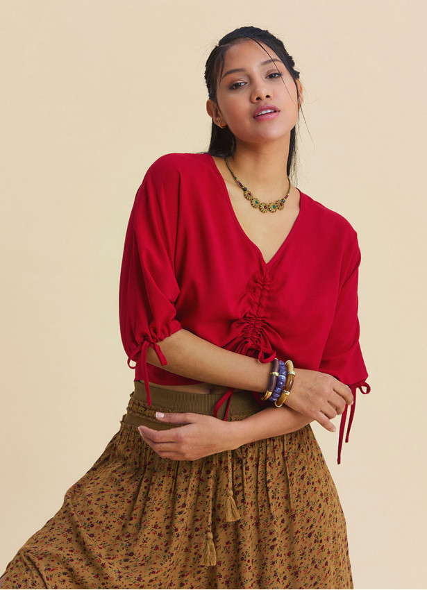 Red Summer Blouse with Boat Neck  Short Sleeves, and Gathered Hem 4971