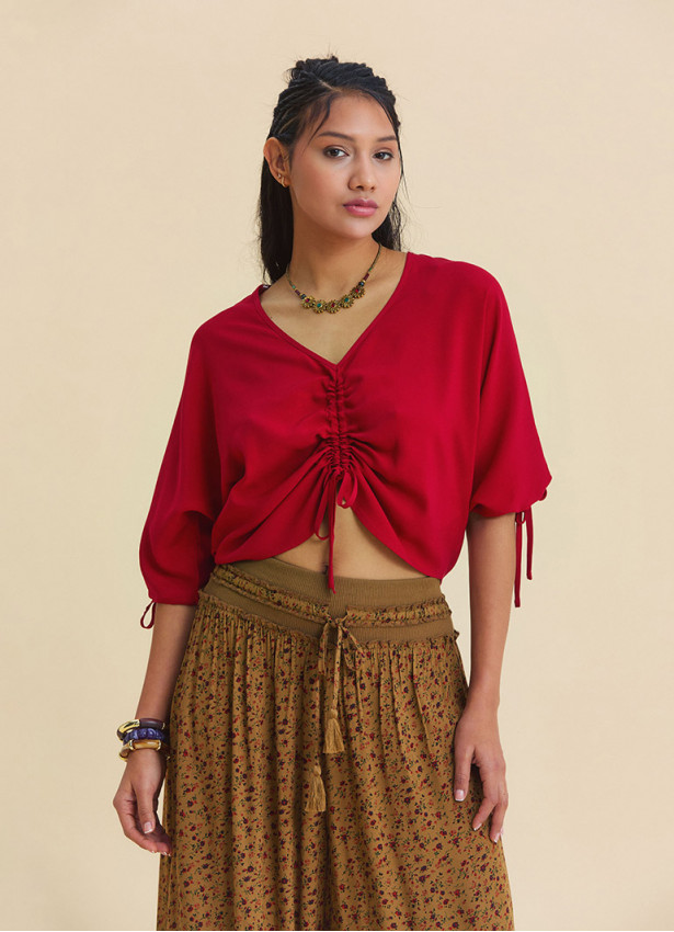 Red Summer Blouse with Boat Neck  Short Sleeves, and Gathered Hem 4971