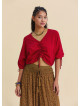 Red Summer Blouse with Boat Neck  Short Sleeves, and Gathered Hem 4971