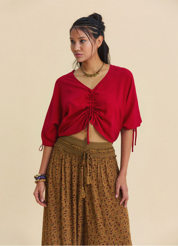 Red Summer Blouse with Boat Neck  Short Sleeves, and Gathered Hem 4971