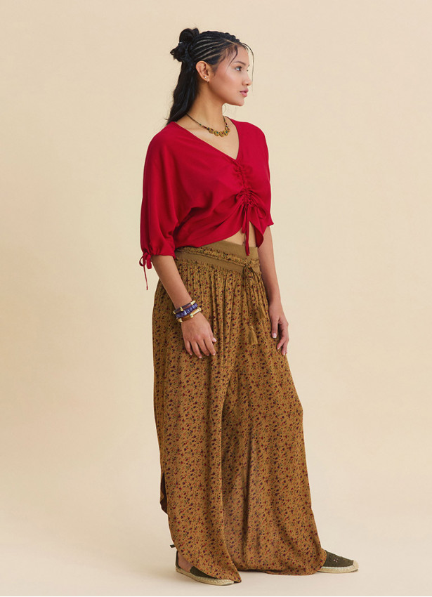 Womens Ethnic Trousers with LaceUp Detail and Side Slit in Mustard 4924