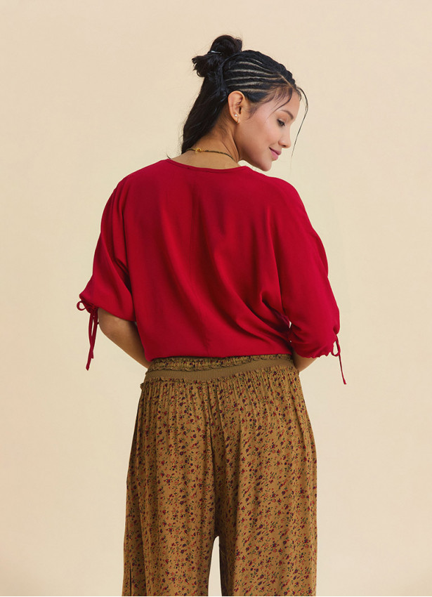 Red Summer Blouse with Boat Neck  Short Sleeves, and Gathered Hem 4971