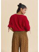 Red Summer Blouse with Boat Neck  Short Sleeves, and Gathered Hem 4971