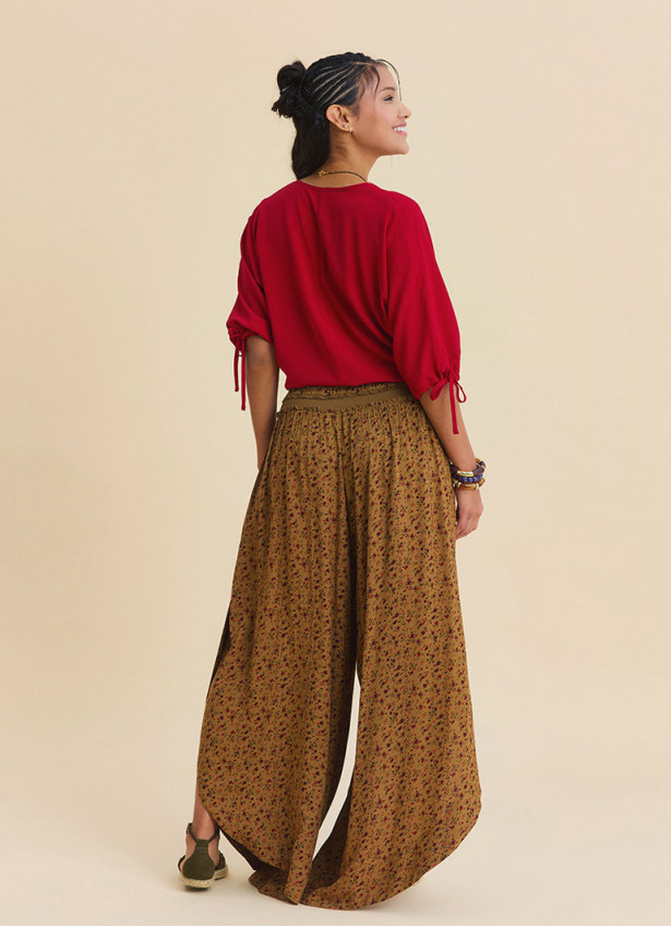 Red Summer Blouse with Boat Neck  Short Sleeves, and Gathered Hem 4971