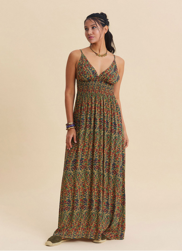 V Neck Backless Green Floral Dress 4822