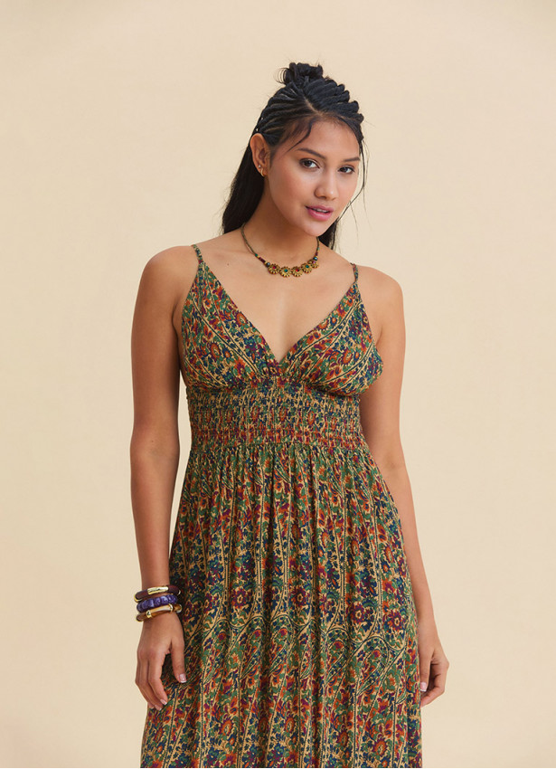 V Neck Backless Green Floral Dress 4822