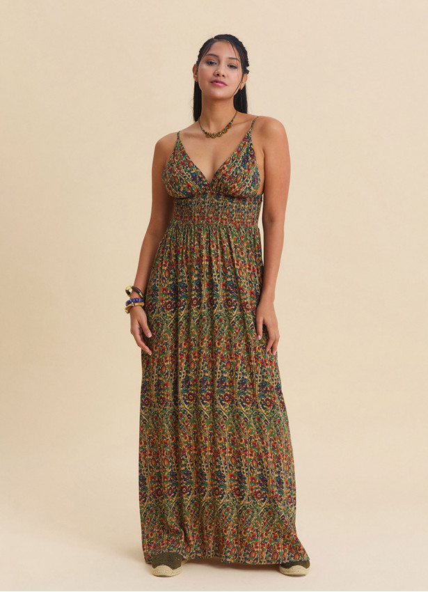 V Neck Backless Green Floral Dress 4822