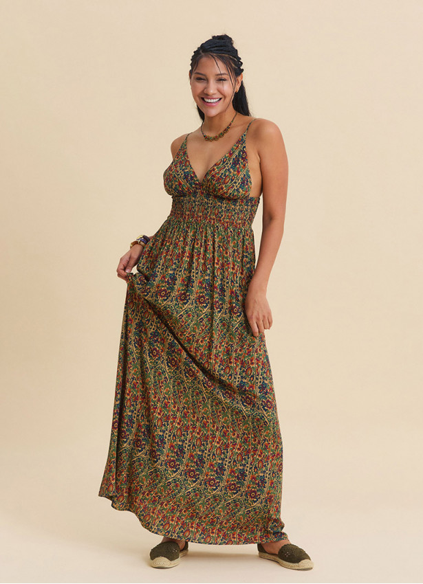 V Neck Backless Green Floral Dress 4822