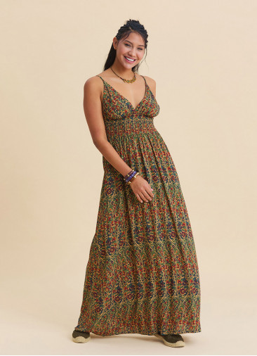 V Neck Backless Green Floral Dress 4822