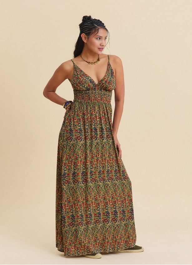 V Neck Backless Green Floral Dress 4822