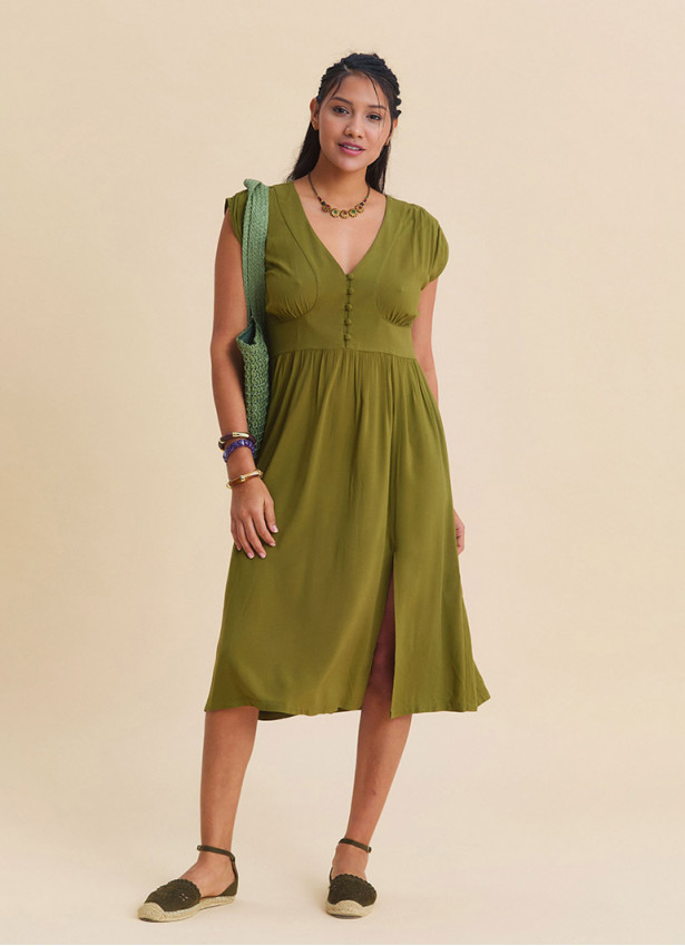 V Neck Backless Green Midi Dress 4793