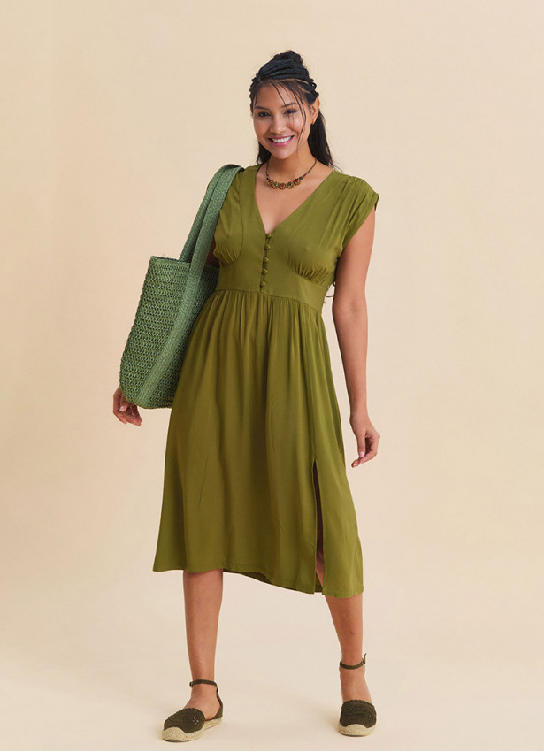V Neck Backless Green Midi Dress 4793