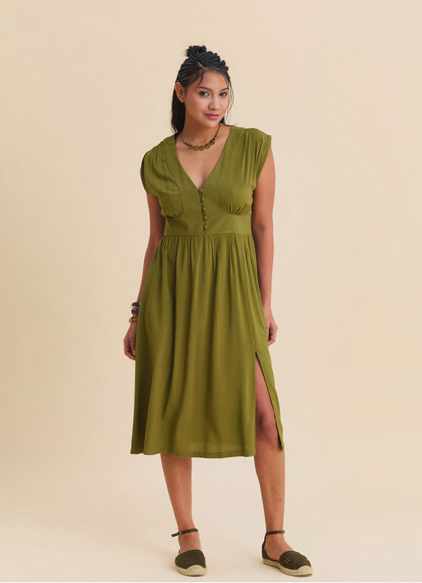 V Neck Backless Green Midi Dress 4793