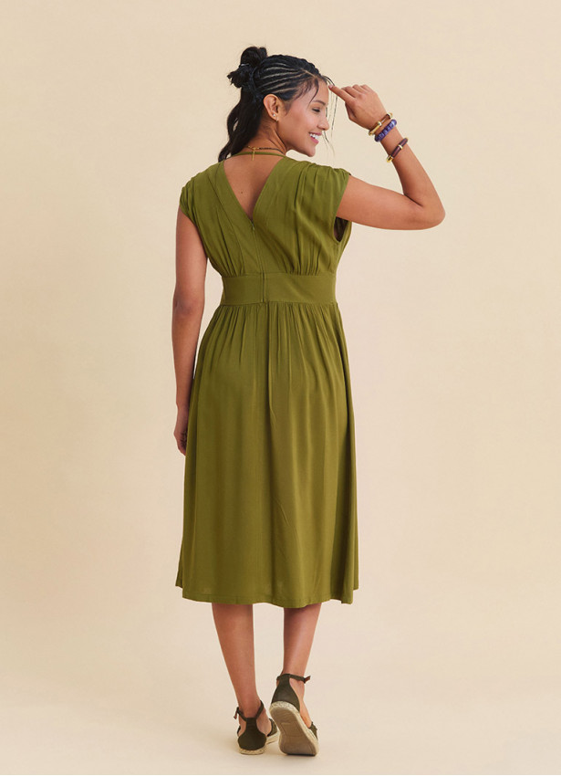V Neck Backless Green Midi Dress 4793