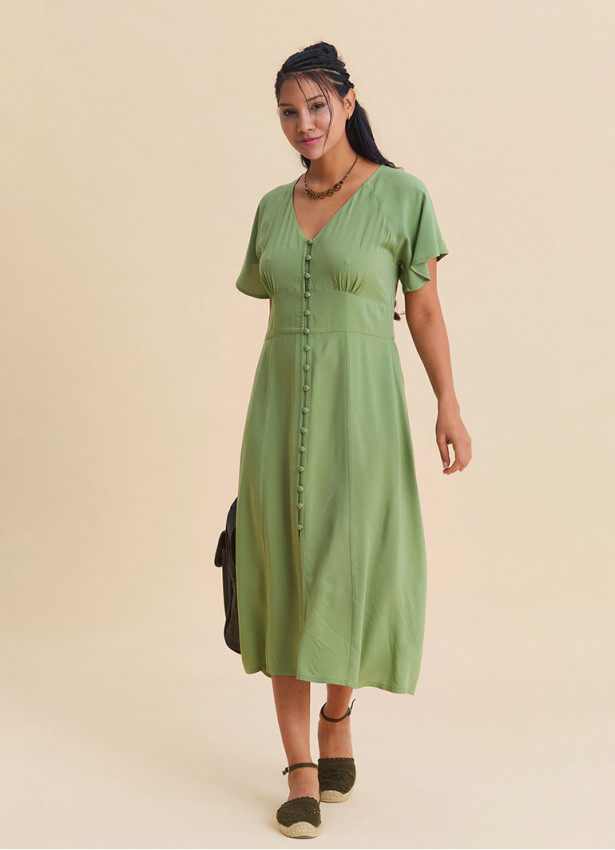 Green Midi Dress with Batwing Sleeves and Button-Up Front 4800