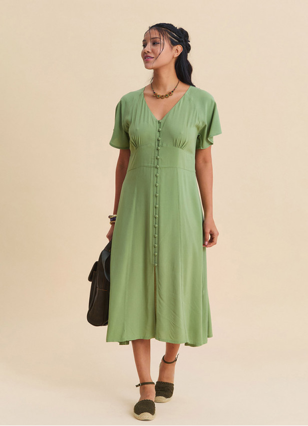 Green Midi Dress with Batwing Sleeves and Button-Up Front 4800