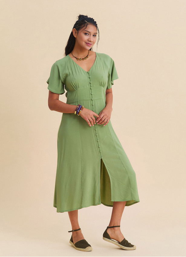 Green Midi Dress with Batwing Sleeves and Button-Up Front 4800