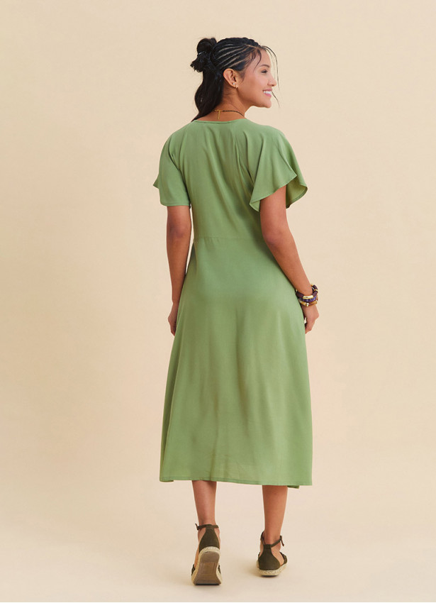 Green Midi Dress with Batwing Sleeves and Button-Up Front 4800