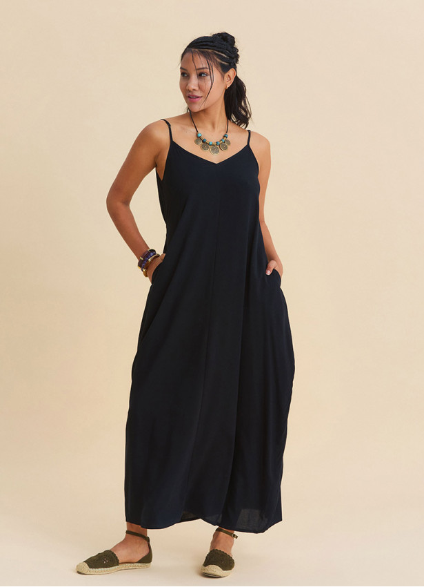Wide Collar, Thin Straps Black Long Dress 4811