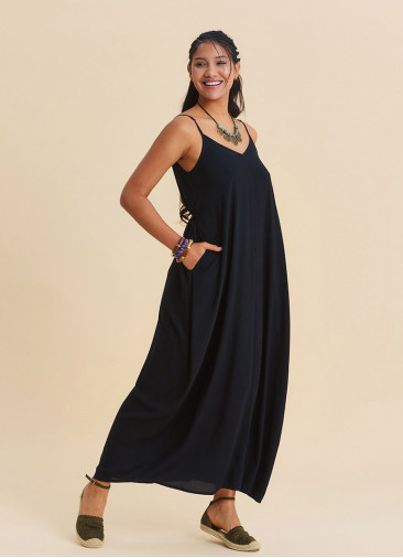 Wide Collar, Thin Straps Black Long Dress 4811