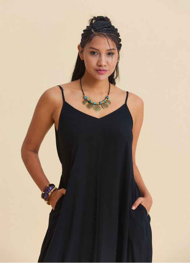 Wide Collar, Thin Straps Black Long Dress 4811